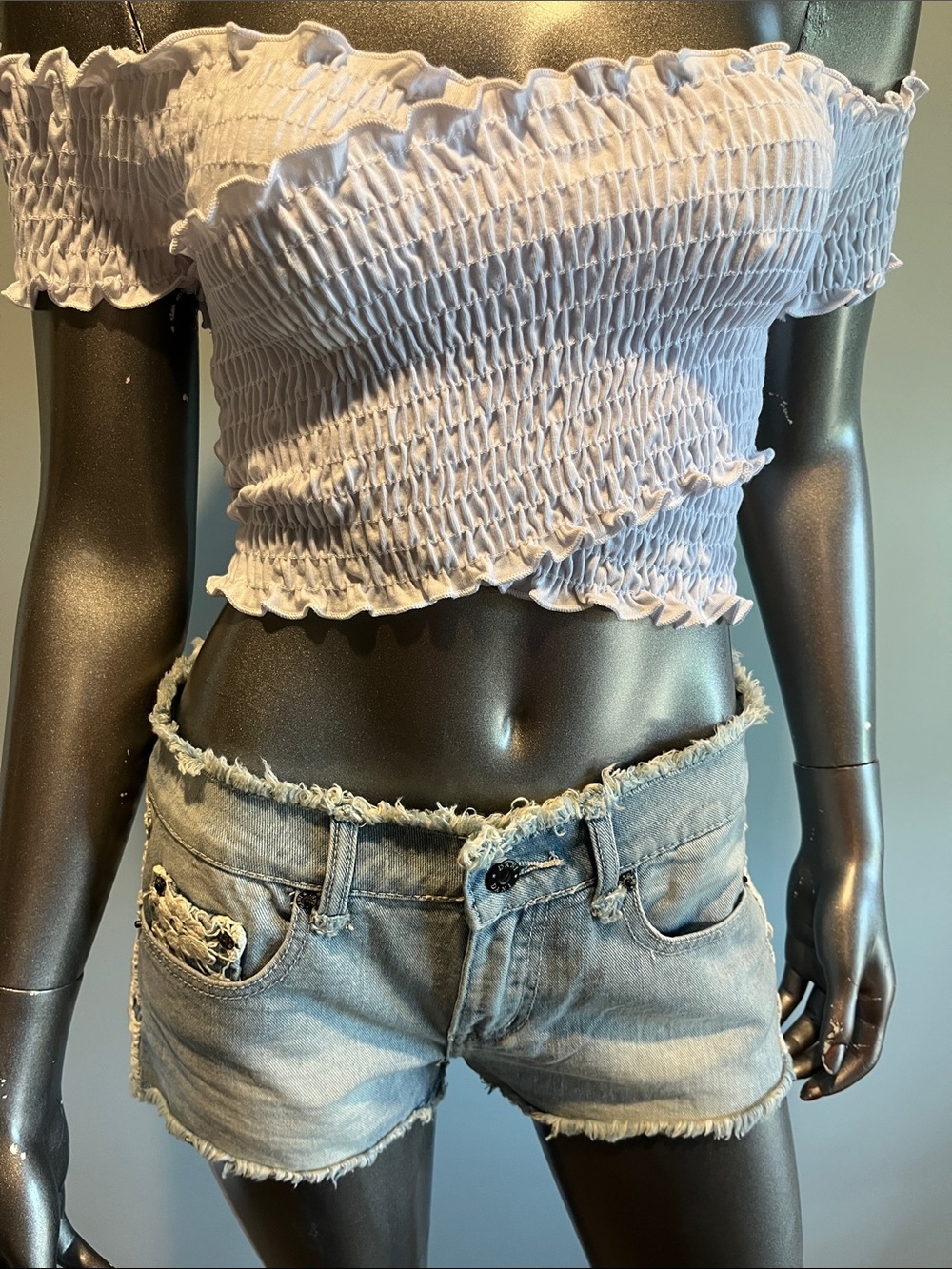 Smocked Off-Shoulder Crop Top in White
